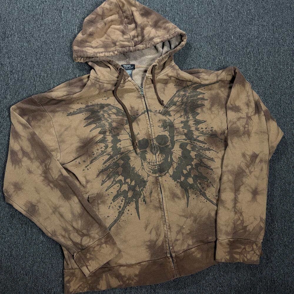 Vintage Y2k Skull Crossbones Skater Brown Tie Dye Full Zip Hoodie Sweatshirt L